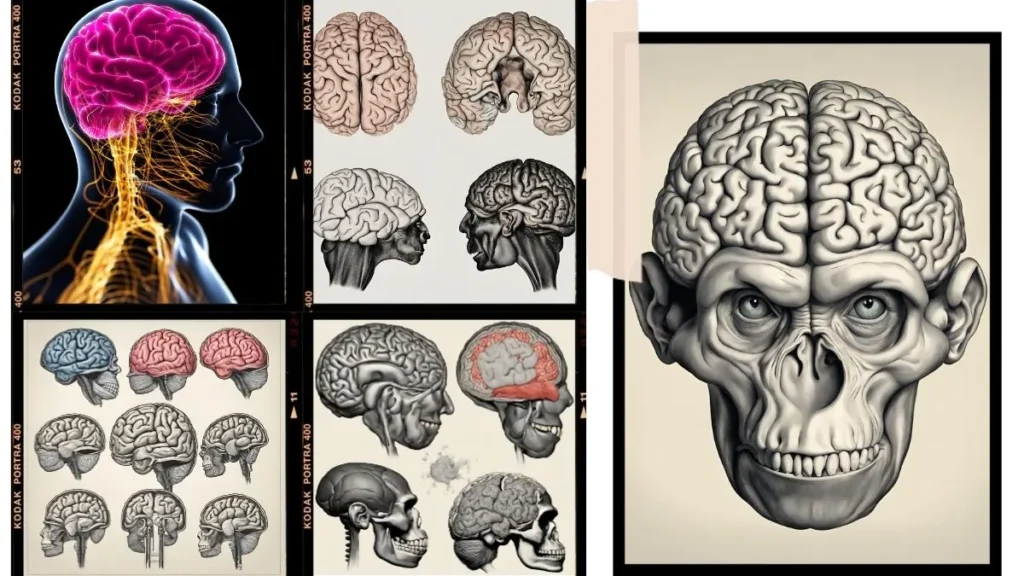 A collage of images of different brains and skulls, showing the diversity of human evolution.