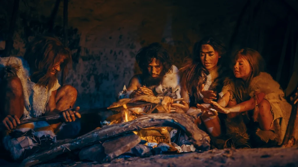 Neanderthal family interacting, with each other.