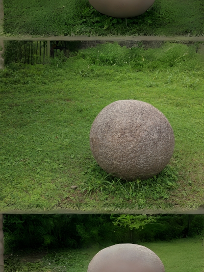 A photo of a large stone sphere sitting on top of a lush green field.