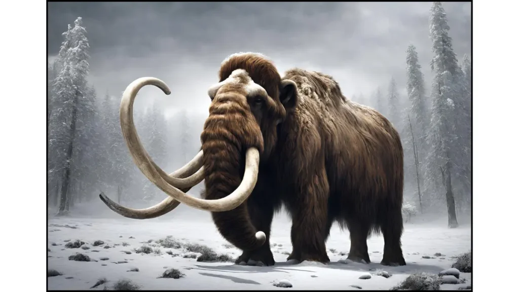 A Woolly Mammoth with long fur grazes on grasses in a snowy Arctic landscape.
