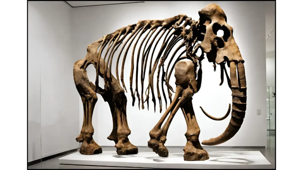 A fossilized skeleton of a Woolly Mammoth with large bones and curved tusks.