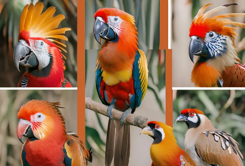 Real-world birds with characteristics similar to the Phoenix - Scarlet Macaw, Golden Pheasant, and Hoopoe.